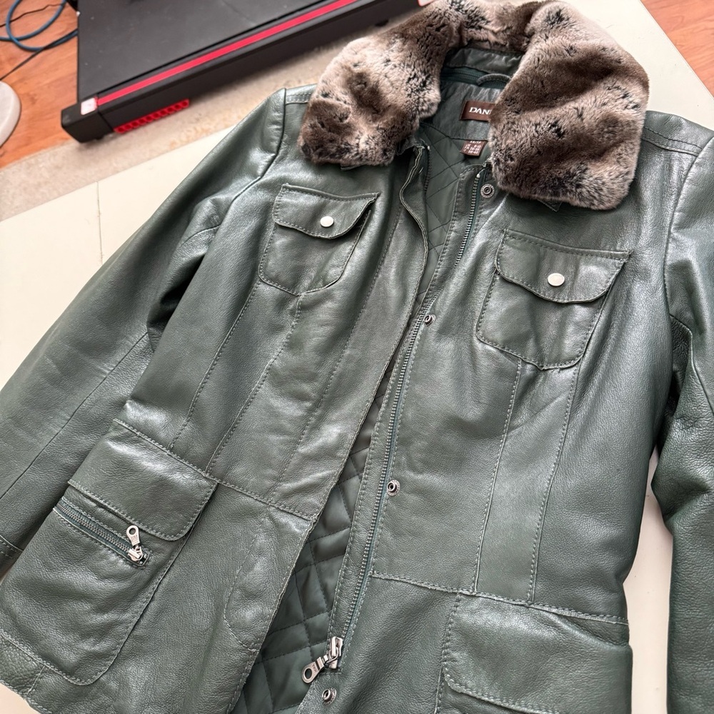 DANIER Forest Green Leather Jacket Removable Faux Fur Collar Quilted Lining Luxe - Picture 2 of 9